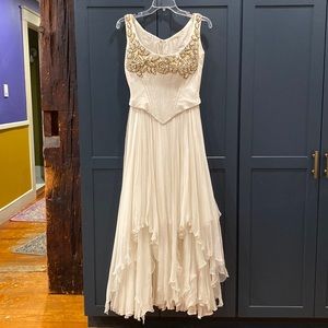 Vintage off-white pure silk dress with beading, size small 2ish